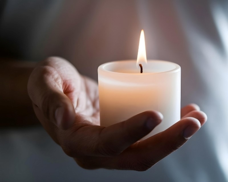 Kupade händer håller ett tänt blockljus i mörkret.