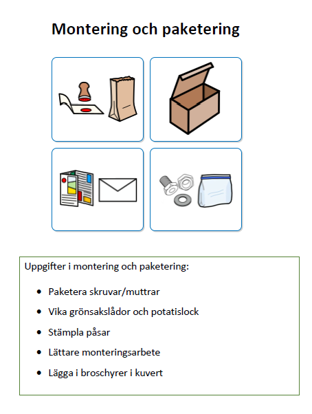 Symbolstöd om arbetsuppgifter i montering och paketering. Paketera skruvar/muttrar, Vika grönsakslådor och potatislock, Stämpla påsar, Lättare monteringsarbete, Lägga i broschyrer i kuvert
