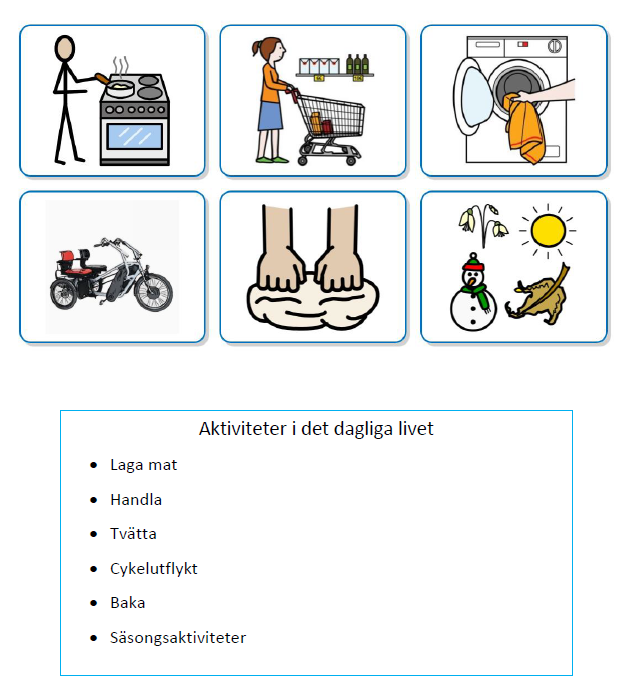 Symbolstöd om aktiviteter som erbjuds. Aktiviteter i det dagliga livet. Laga mat, Tvätta, Baka, Säsongsaktiviteter