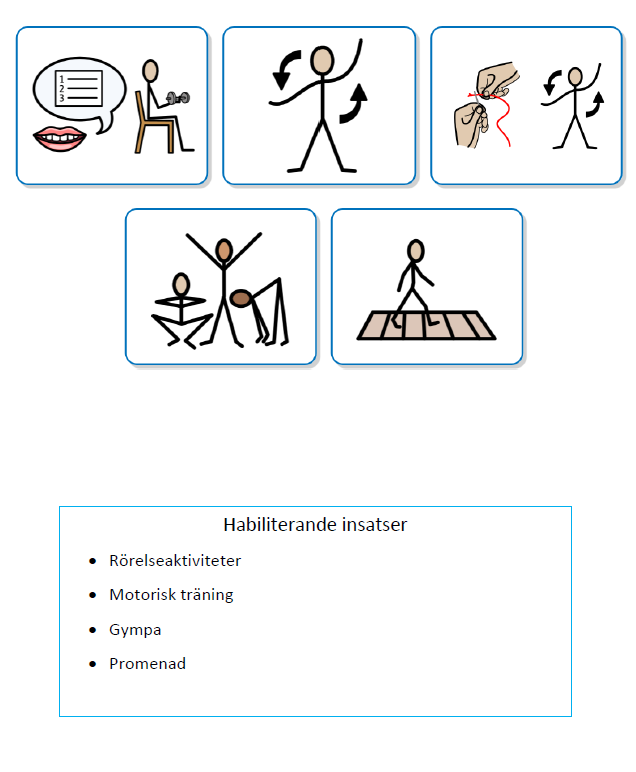 Habiliterande insatser. Rörelseaktiviteter, Motorisk träning, Gympa, Promenad