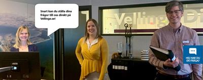 Bilden visar 3 personer med en pratbulla och texten Snart kan du ställa dina frågor till oss direkt på Vellinge.se