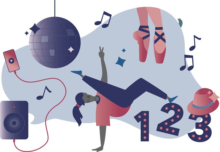 Bilden föreställer en person som dansar, en discokula, en musikanläggning samt en balettdansares fötter