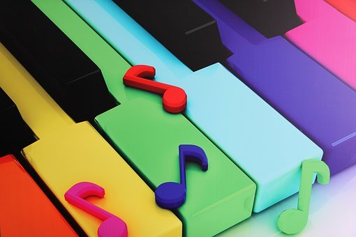 Bild på pianotangenter i olika färger